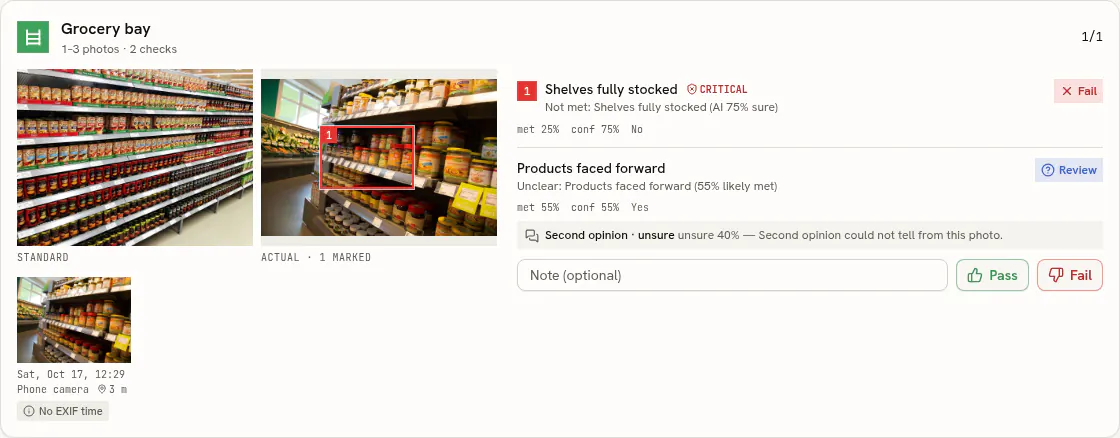 Inspection detail: standard photo, store photo with a red box on the empty shelf, failed check